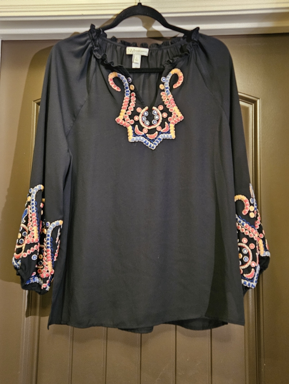 Neiman Marcus Women's Embroidered Boho Long-Sleeve Blouse, Black - Size Large